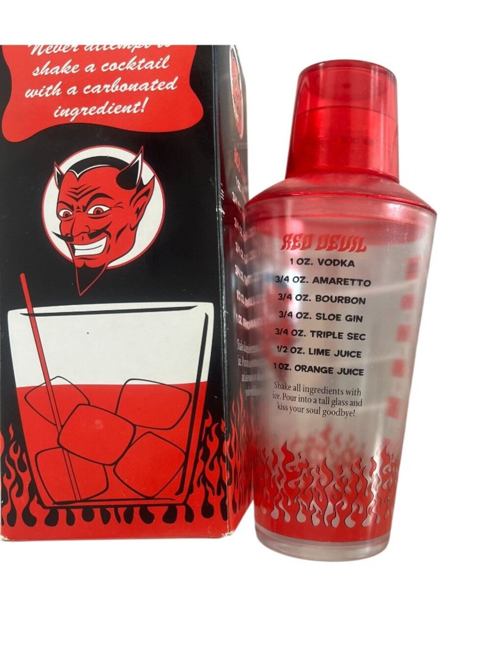 Red Devil Plastic Cocktail Shaker With Recipe Guide & Retro Packaging